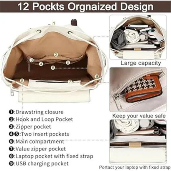 Retro Backpack Leather Trim Casual Light Green - Picture 6 of 6